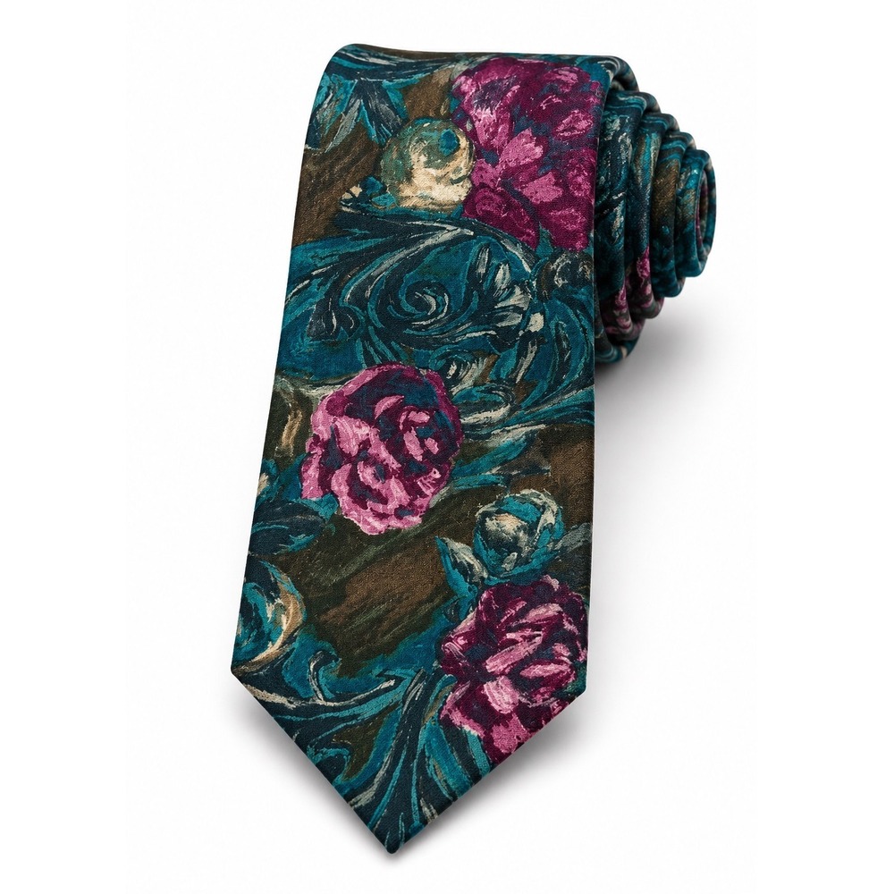 Vintage Bugle Boy Mens Floral Necktie Teal Purple Made In USA 90s Retro Tie